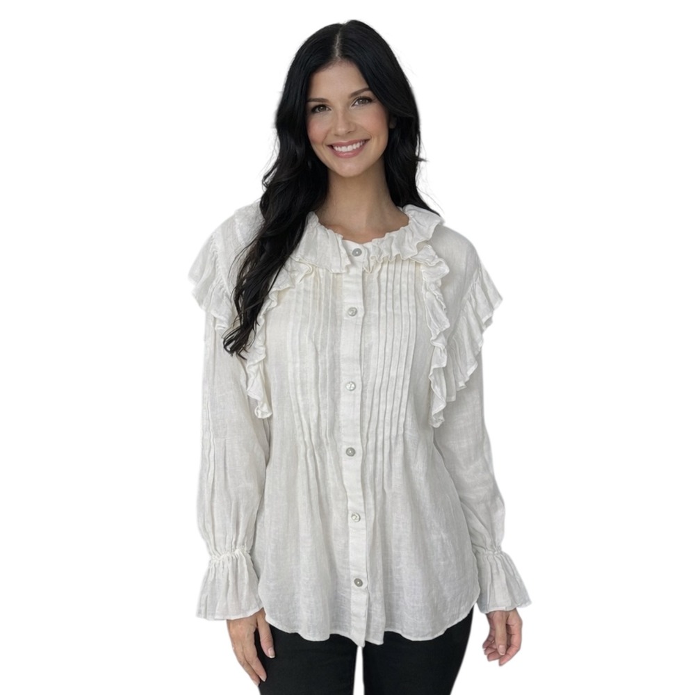 Zara Size XS White Linen Ruffle Blouse Boho Cottagecore Peasant Top Long Sleeve